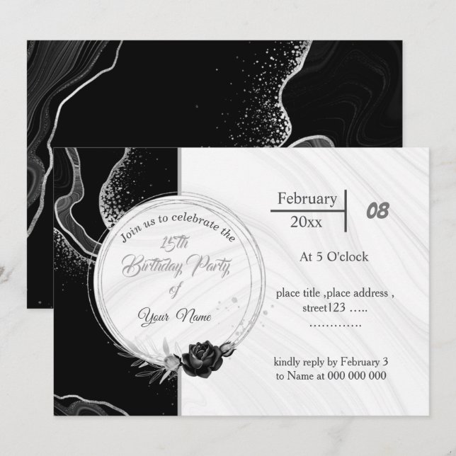 elegant silver gray & black flowers birthday  invitation (Front/Back)