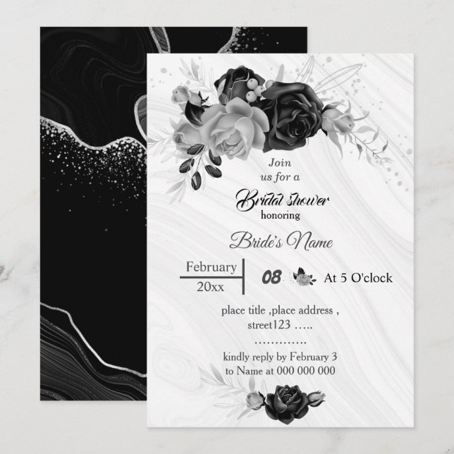 elegant silver gray & black flowers bridal shower invitation (Front/Back)