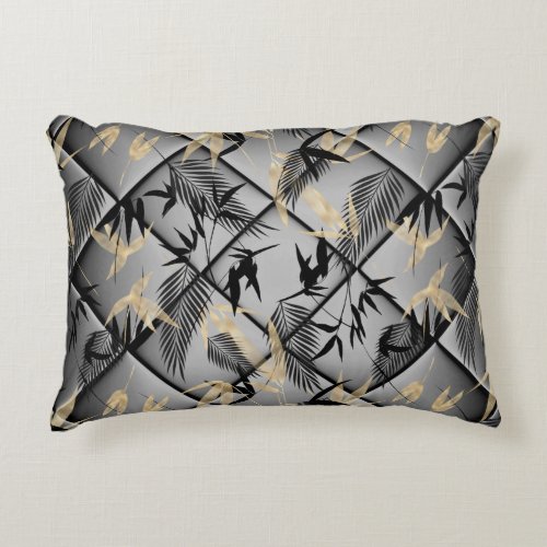 Elegant Silver Gray Black Gold palms Bamboo decor Accent Pillow