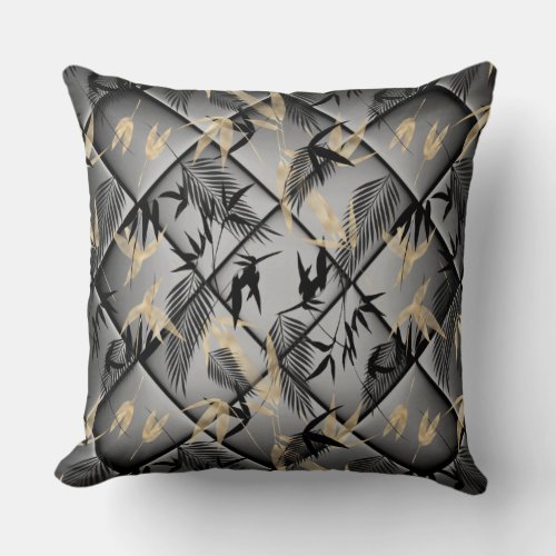 Elegant Silver Gray Black Gold palms Bamboo  Throw Pillow