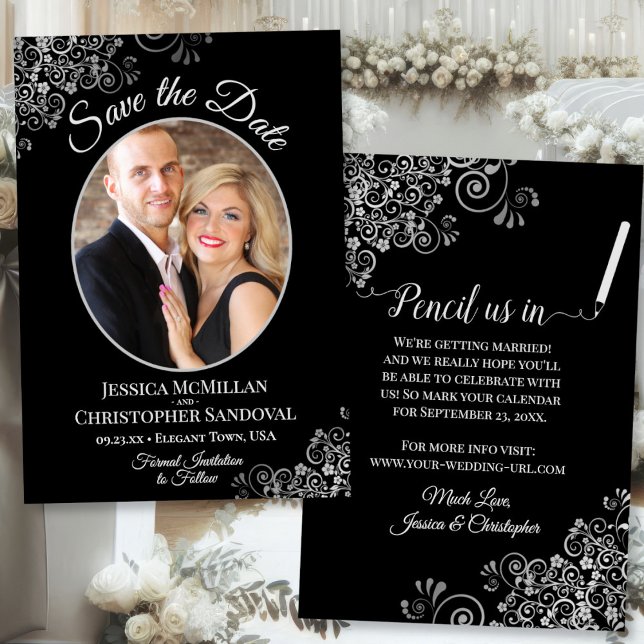 Elegant Silver Gray & Black Wedding Photo Fancy Save The Date (Front/Back)