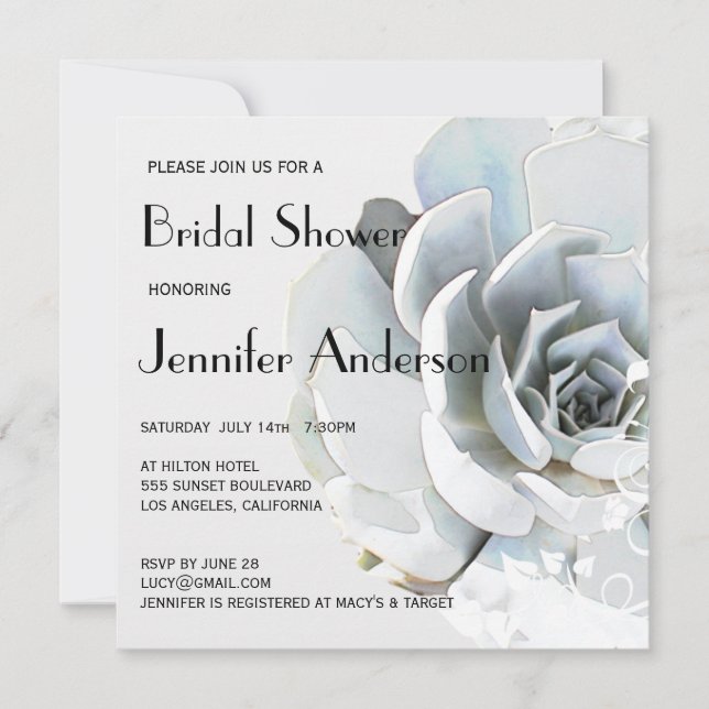 Elegant Silver Gray Blue Succulent Bridal Shower Invitation (Front)