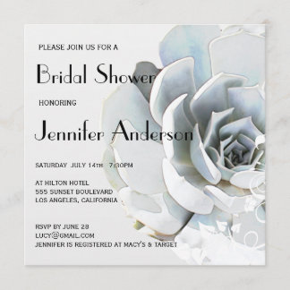 Elegant Silver Gray Blue Succulent Bridal Shower Invitation