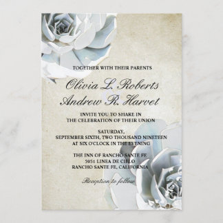 Elegant Silver Gray Blue Succulent Vintage Wedding Invitation