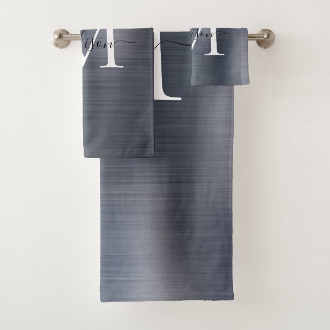 Elegant Silver Gray  Brushed Metal Monogram Script Bath Towel Set (Insitu)