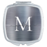 Silver Grey Faux Metallic Foil Monogram Compact Mirror