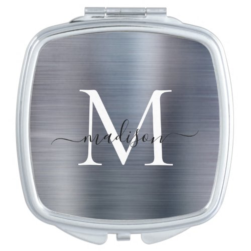 Elegant Silver Gray Brushed Metal Monogram Script Compact Mirror