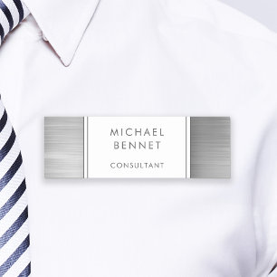 Elegant Silver Gray Brushed Metallic Business Name Tag