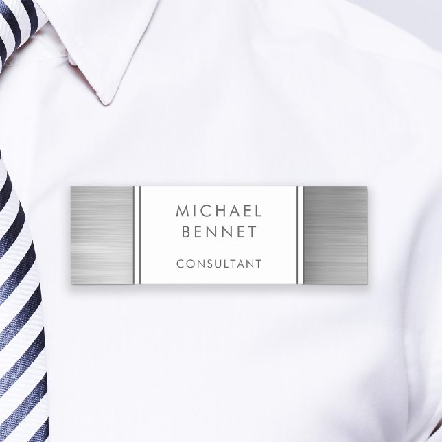 Elegant Silver Gray Brushed Metallic Business Name Tag (Elegant Silver Gray Brushed Metallic Business Name Tag)