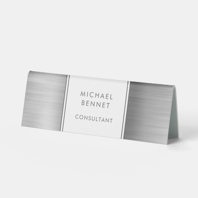 Elegant Silver Gray Brushed Metallic Business Table Tent (Front)