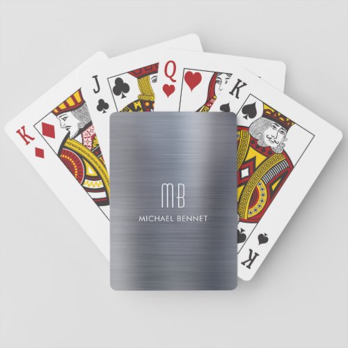 Elegant Silver Gray Brushed Metallic Monogram Name Poker Cards