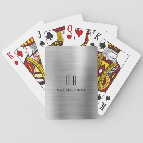 Elegant Silver Gray Brushed Metallic Monogram Playing Cards