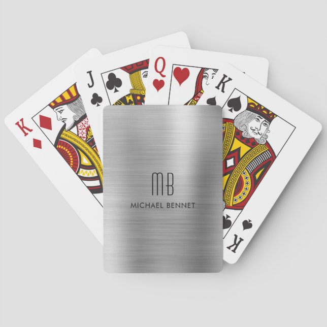 Elegant Silver Gray Brushed Metallic Monogram Poker Cards (Back)