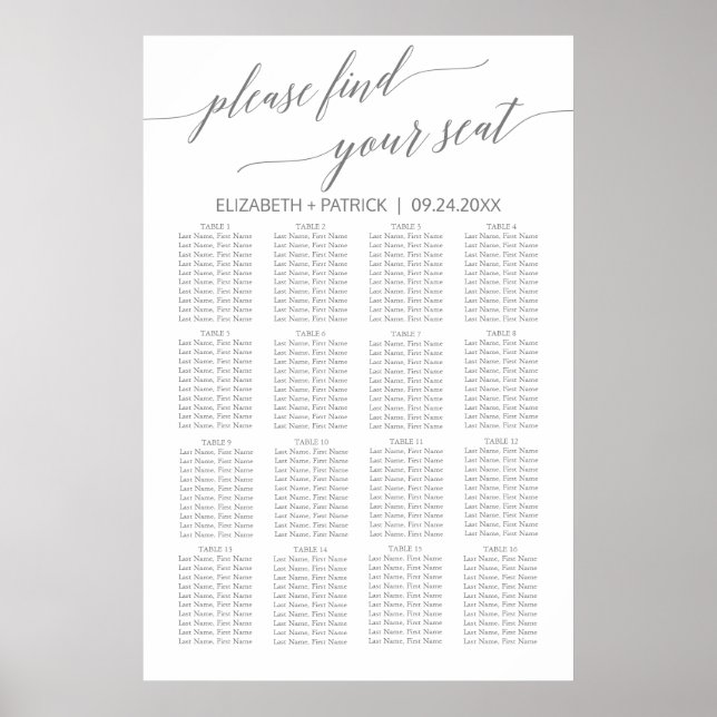 Elegant Silver Gray Calligraphy Seating Chart (Front)