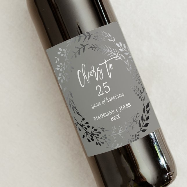 Elegant Silver Gray Cheers to 25 Years Anniversary Wine Label (Creator Uploaded)