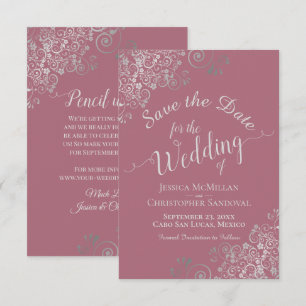 Elegant Silver Gray Curls Dusty Rose Pink Wedding Save The Date