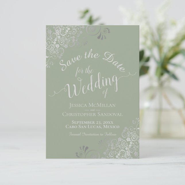 Elegant Silver Gray Curls Sage Green Wedding Save The Date (Standing Front)