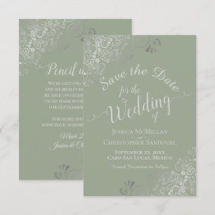 Elegant Silver Gray Curls Sage Green Wedding Save The Date