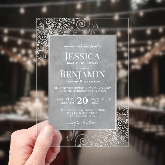 Elegant Silver Gray Curls Stylish Text Wedding Acrylic Invitations (Clear Acrylic with Rectangle Cut)