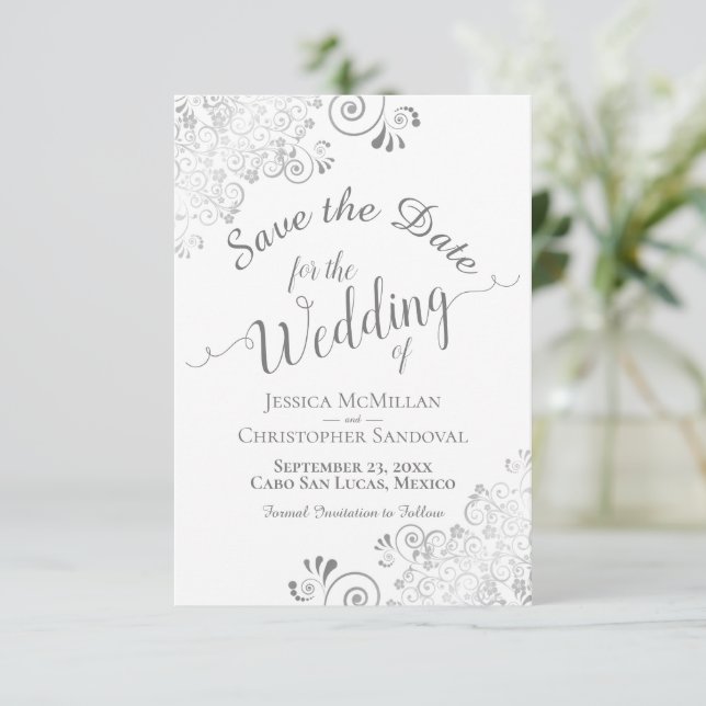 Elegant Silver Gray Curly Swirls on White Wedding Save The Date (Standing Front)