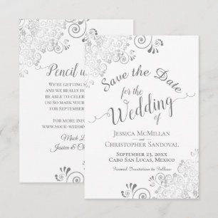 Elegant Silver Gray Curly Swirls on White Wedding Save The Date