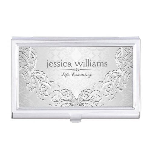 Elegant Silver gray Embossed Look loral Design Case For Business Cards