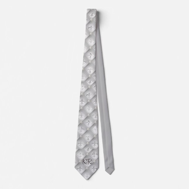 Elegant Silver Gray Fleur de Lis Pattern Initials Neck Tie (Front)