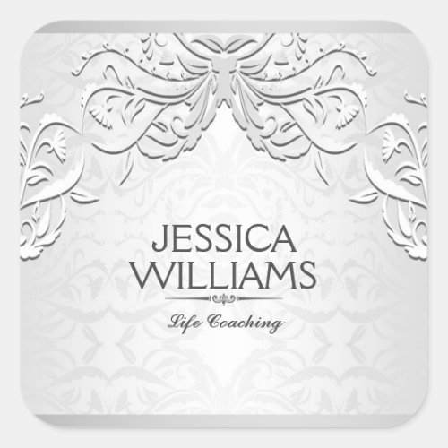 Elegant  Silver Gray Floral Frame Square Sticker