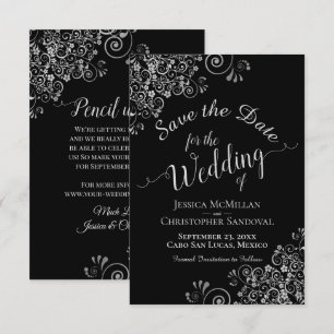 Elegant Silver Gray Frills on Black Glam Wedding Save The Date
