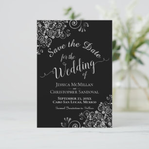 Elegant Silver Gray Frills on Black Glam Wedding Save The Date