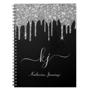 Elegant Silver Gray Glitter Drips Monogram Script Notebook