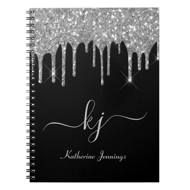 Elegant Silver Gray Glitter Drips Monogram Script Notebook (Front)