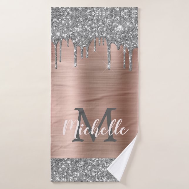 Elegant Silver Gray Glitter Drips Monogrammed Bath Towel (Bath Towel)