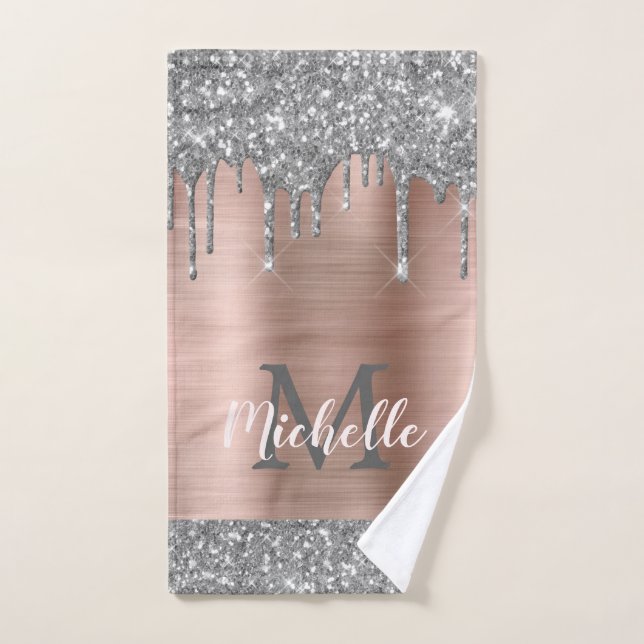 Elegant Silver Gray Glitter Drips Monogrammed Hand Towel (Hand Towel)