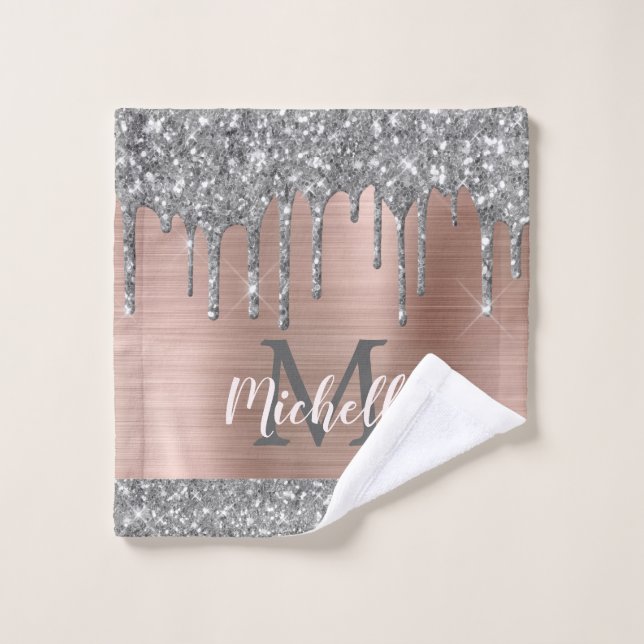 Elegant Silver Gray Glitter Drips Monogrammed Wash Cloth (Wash Cloth)