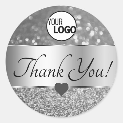 Elegant Silver Gray Glitter Stars Thank You Logo  Classic Round Sticker