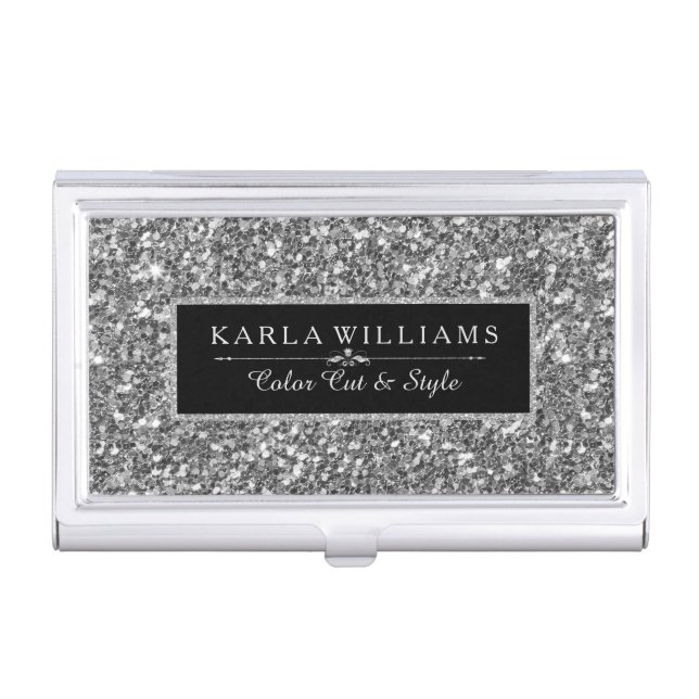 Elegant Silver Gray Glitter Texture Print Business Card Holder (Front)