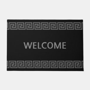 Elegant Silver Gray Greek Pattern on Black Welcome Doormat