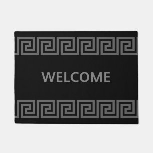 Elegant Silver Gray Greek Pattern on Black Welcome Doormat