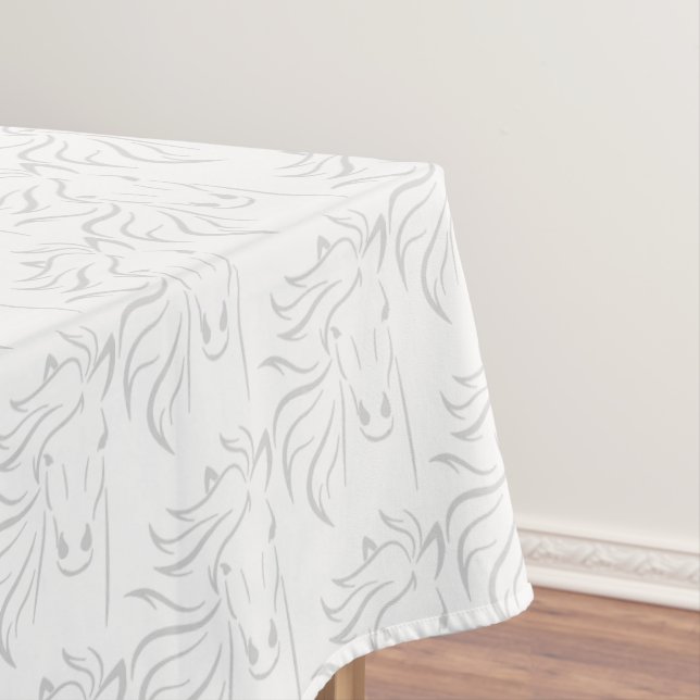 Elegant Silver Gray Horse Pattern on White Medium Tablecloth (In Situ)