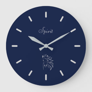 Elegant Silver Gray Horse Silhouette on Navy Blue Large Clock