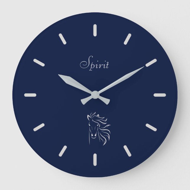 Elegant Silver Gray Horse Silhouette on Navy Blue Large Clock (Front)