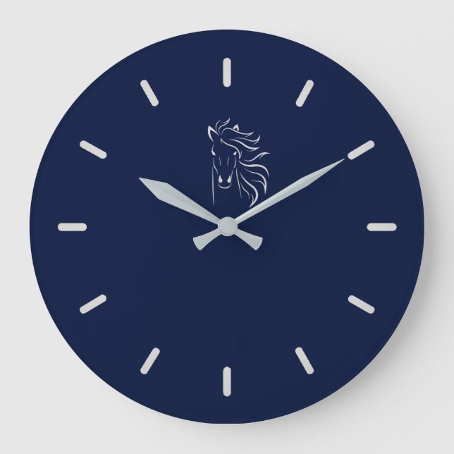 Elegant Silver Gray Horse Silhouette on Navy Blue Large Clock (Front)