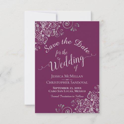 Elegant Silver Gray Lace Cassis Purple Wedding Save The Date