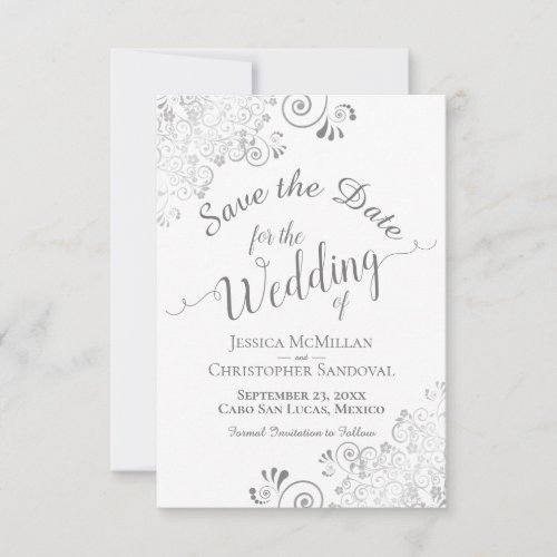 Elegant Silver Gray Lace Filigree on White Wedding Save The Date