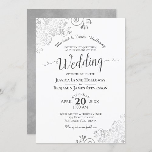 Elegant Silver Gray Lace Formal White Wedding Invitation