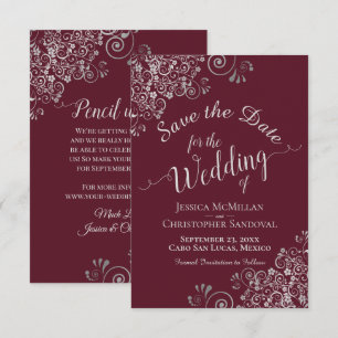 Elegant Silver Gray Lace Frills Burgundy Wedding Save The Date