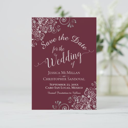 Elegant Silver Gray Lace Frills Burgundy Wedding Save The Date