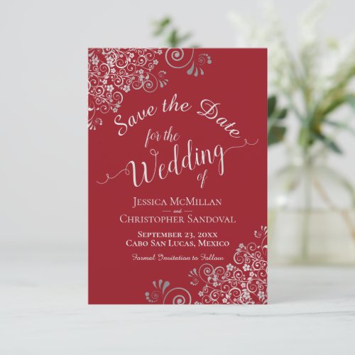 Elegant Silver Gray Lace Frills Red Wedding Save The Date