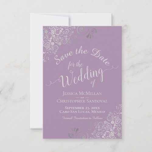Elegant Silver Gray Lace Lavender Wedding Save The Date